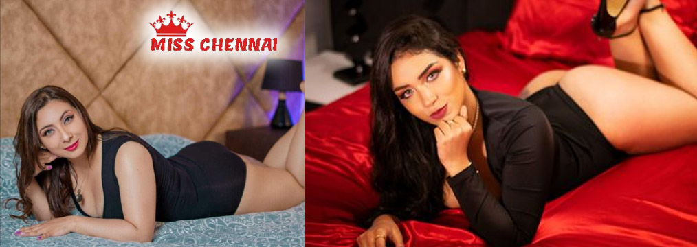 Miss Chennai escort girls posing in elegant black outfits on bed with stylish looks